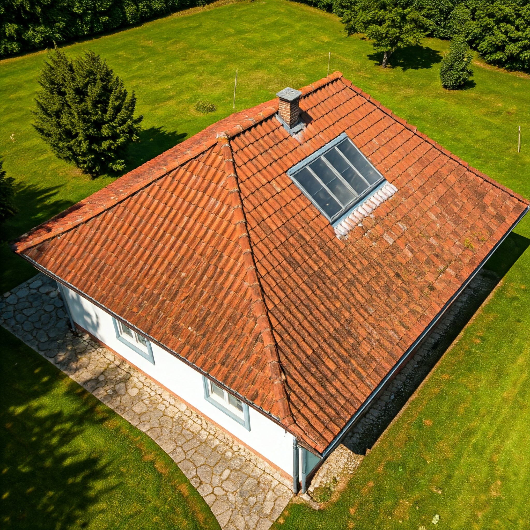 Casa independiente con tejado rojo, vista aérea perpendicular, rodeado de jardín verde y árboles.